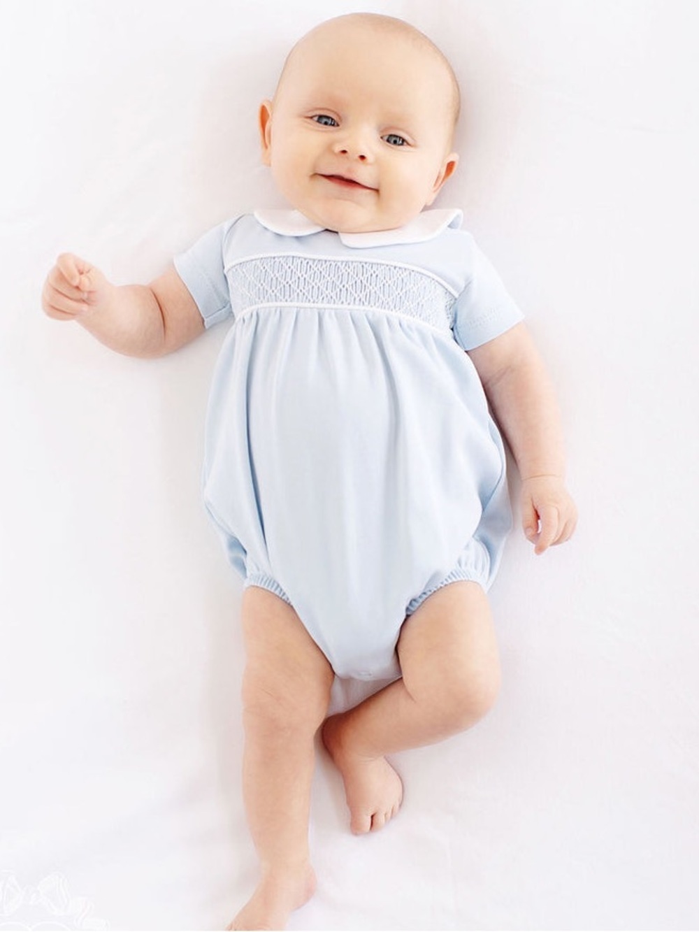 TBBC Short Sleeve Banbury Bubble smocked romper collar Buckhead Blue toddler